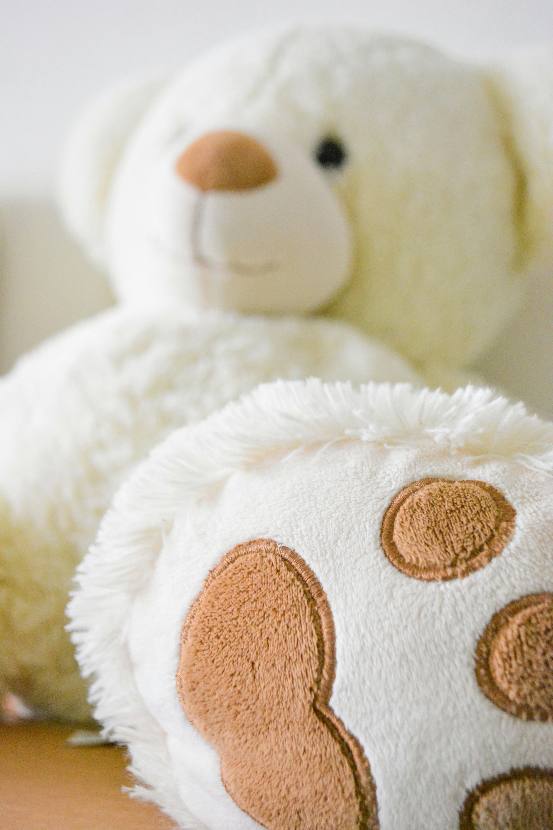 Een witte teddybeer met bruine vlekken op zijn poten