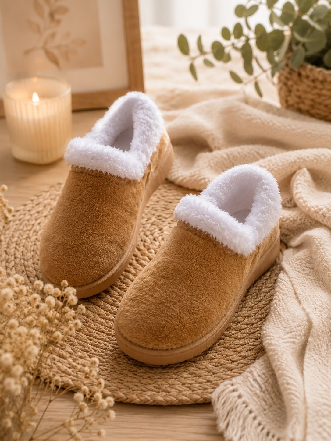Un par de pantuflas color canela forradas de felpa sobre una alfombra de punto color crema con una cesta de mimbre al fondo.