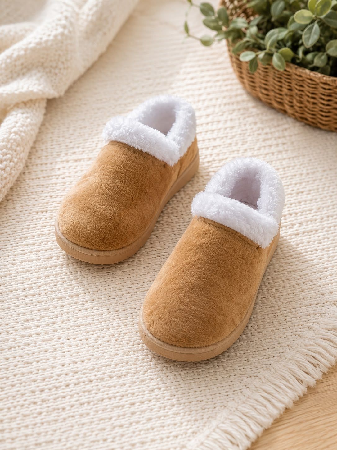 Un par de pantuflas color canela forradas de felpa sobre una alfombra de punto color crema con una cesta de mimbre al fondo.