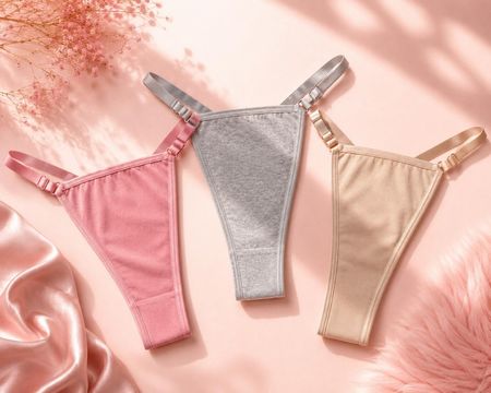 Tres tangas en tonos pastel de rosa, gris y beige dispuestas sobre un fondo de satén rosa suave.