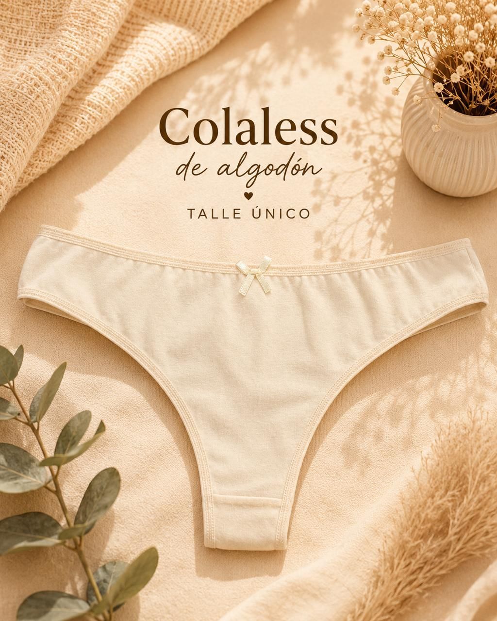 Braguitas sin costuras surtidas en negro, gris, beige y crema sobre un fondo beige cálido con hojas y el texto de la marca.