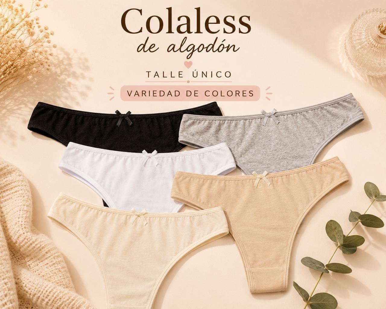 Braguitas sin costuras surtidas en negro, gris, beige y crema sobre un fondo beige cálido con hojas y el texto de la marca.