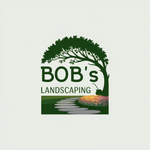 Bob's Landscaping logo with a tree, lawn, stone path, and flowers. Text reads "Bob's Landscaping".