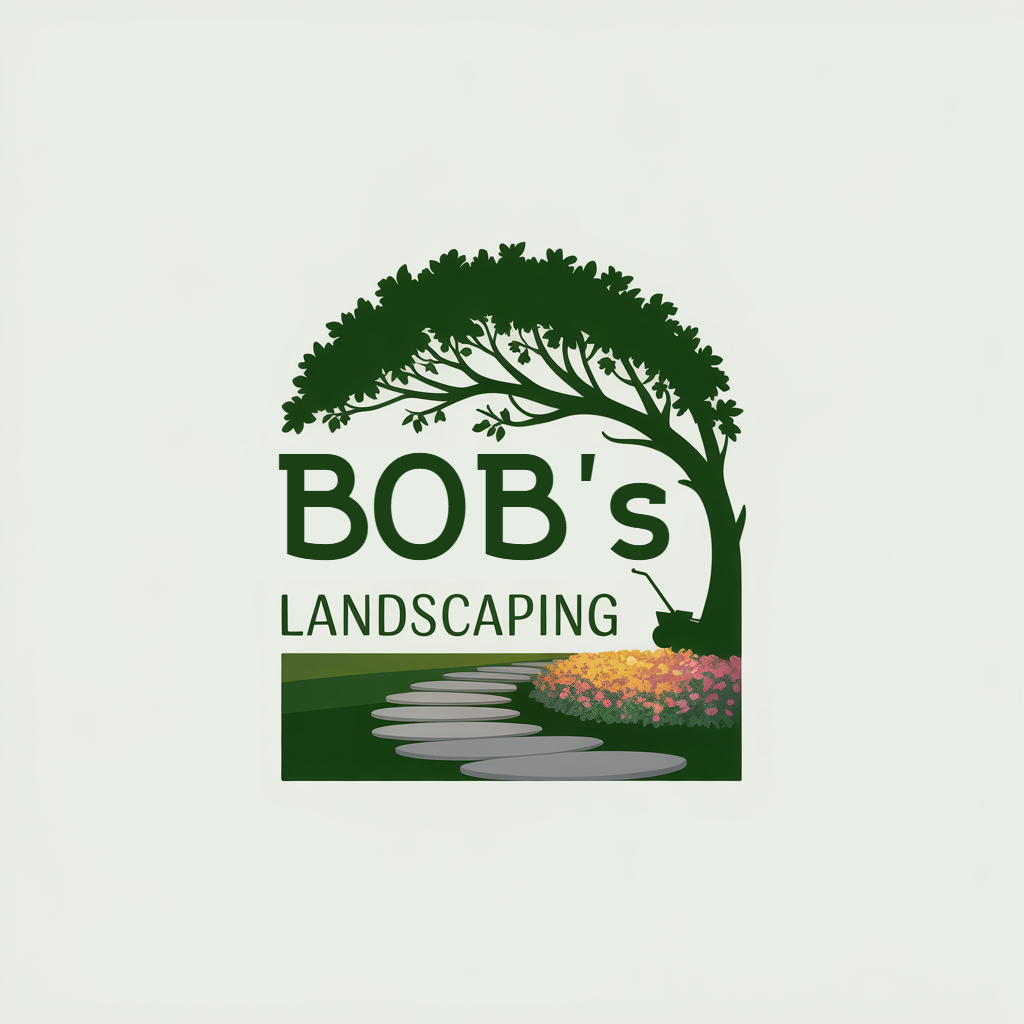 Bob's Landscaping logo with a tree, lawn, stone path, and flowers. Text reads "Bob's Landscaping".