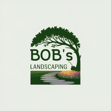 Bob's Landscaping logo with a tree, lawn, stone path, and flowers. Text reads "Bob's Landscaping".