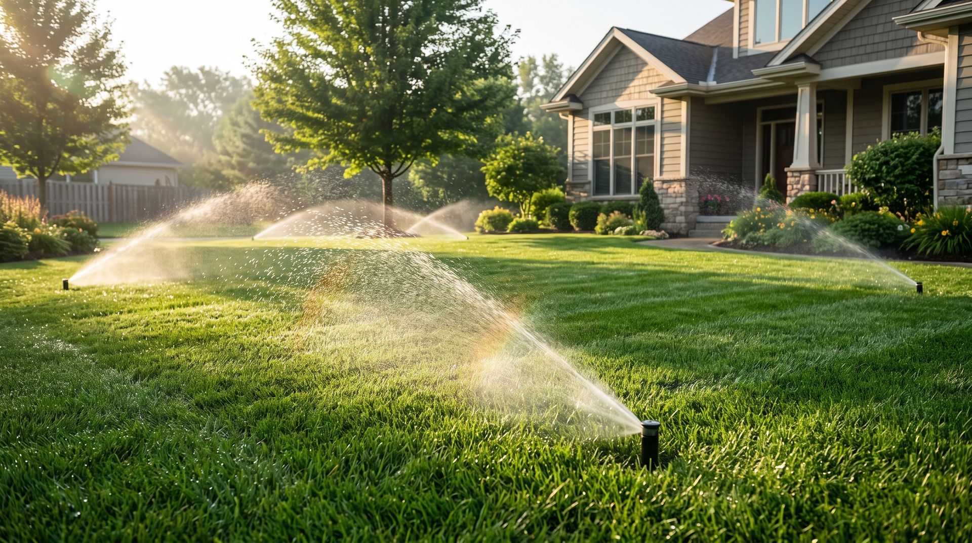 Underground lawn sprinkler watering suburban lawn in Chicago at sunset