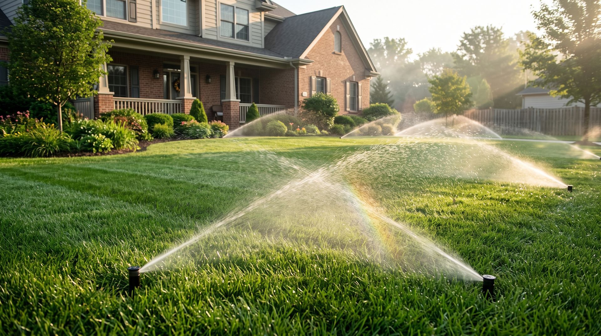 Underground irrigation system watering green front yard of Chicago home