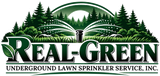 Real-Green lawn sprinkler service logo with green trees and sprinkler spray