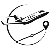 Black airplane logo over a curved route with location pins.