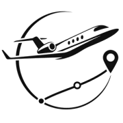 Black airplane with a route line and location pin, suggesting travel or flight tracking.