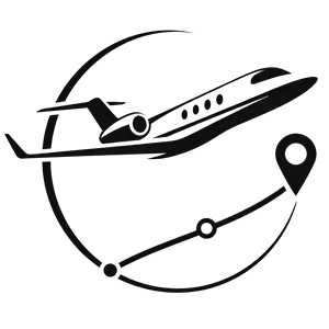 Black airplane with a route line and location pin, suggesting travel or flight tracking.