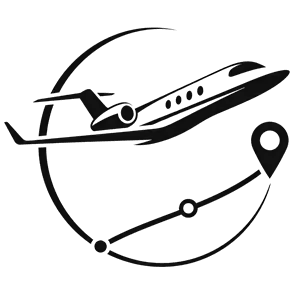 Black airplane logo over a curved route with location pins.