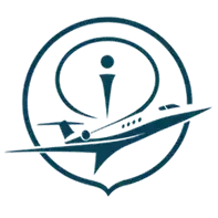 Blue logo of a stylized airplane inside a circular location pin with an information symbol above it