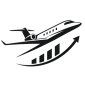Stylized black airplane ascending above a rising bar chart