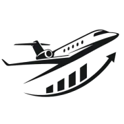 Stylized black business jet rising over an upward growth chart icon
