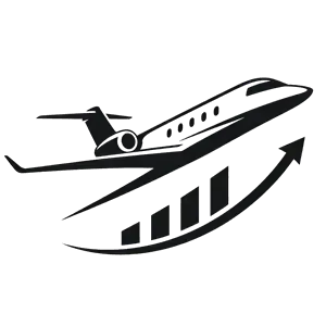 Stylized black business jet rising over an upward growth chart icon