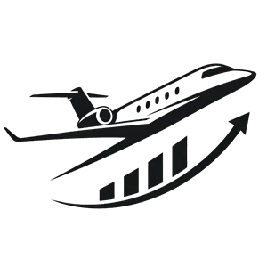 Stylized black airplane ascending above a rising bar chart