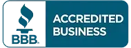 BBB Accredited Business logo with blue flame icon and white text on teal background