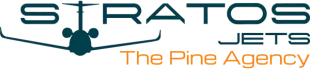 Stratos Jets and The Pine Agency logo in teal and orange with an airplane silhouette