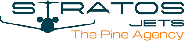 Stratos Jet logo with stylized teal jet and orange “The Pine Agency” tagline