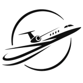 Black airplane logo inside a circular swoosh, black and white minimalist design