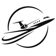 Black stylized airplane logo with swooshing circular lines