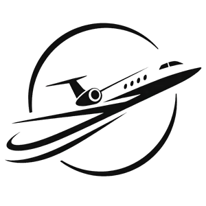 Black stylized airplane logo with swooshing circular lines