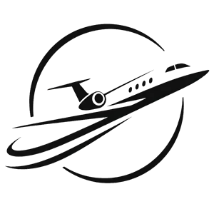 Black airplane logo inside a circular swoosh, black and white minimalist design