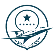 Blue aviation emblem with a star, dotted arc, airplane silhouette, and laurel wreath inside a circle