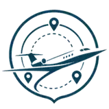 Stylized teal travel logo with airplane, map pins, and circular route lines