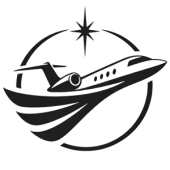 Black-and-white logo of a passenger jet flying through a circular swoosh with a star above