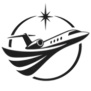 Stylized black airplane logo flying through a circular compass with a star above