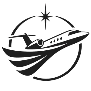 Stylized black airplane logo flying through a circular compass with a star above