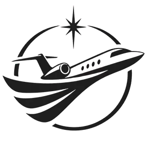Black-and-white logo of a passenger jet flying through a circular swoosh with a star above