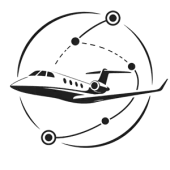 Black-and-white airplane logo inside a circular orbit with dotted flight path and nodes