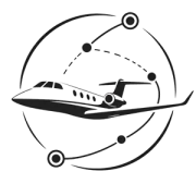 Black-and-white jet logo with orbiting dotted paths and circular nodes