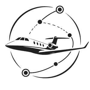 Black-and-white jet logo with orbiting dotted paths and circular nodes