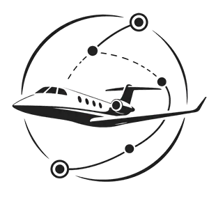 Black-and-white airplane logo inside a circular orbit with dotted flight path and nodes