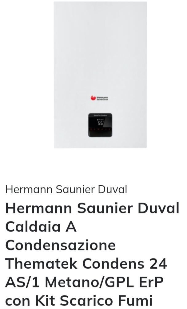 Pannello frontale della caldaia a gas bianca Hermann Saunier Duval con la descrizione del modello in basso.