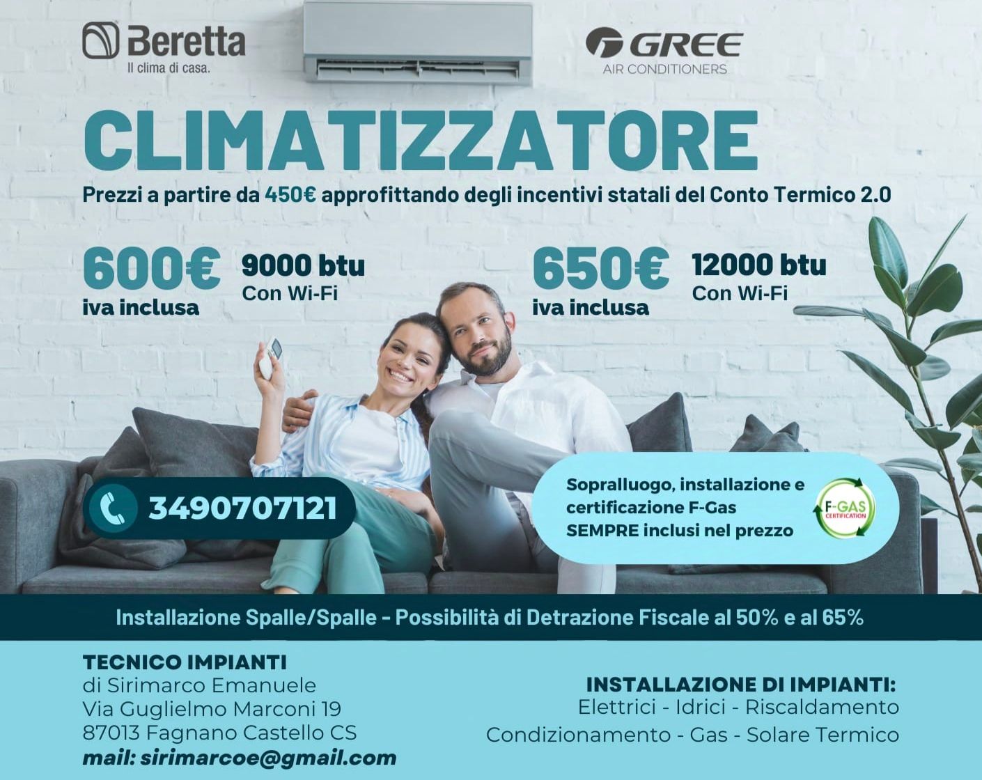 Promozione climatizzatori Beretta e Gree con prezzi da 600€, 900€ e 1200€, su sfondo azzurro.