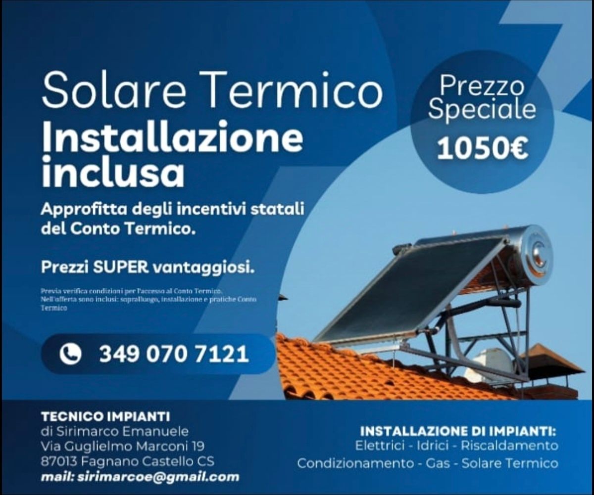 Manifesto per impianto solare termico, sfondo blu, prezzo speciale 1050€, con scaldabagno solare e numero di telefono.