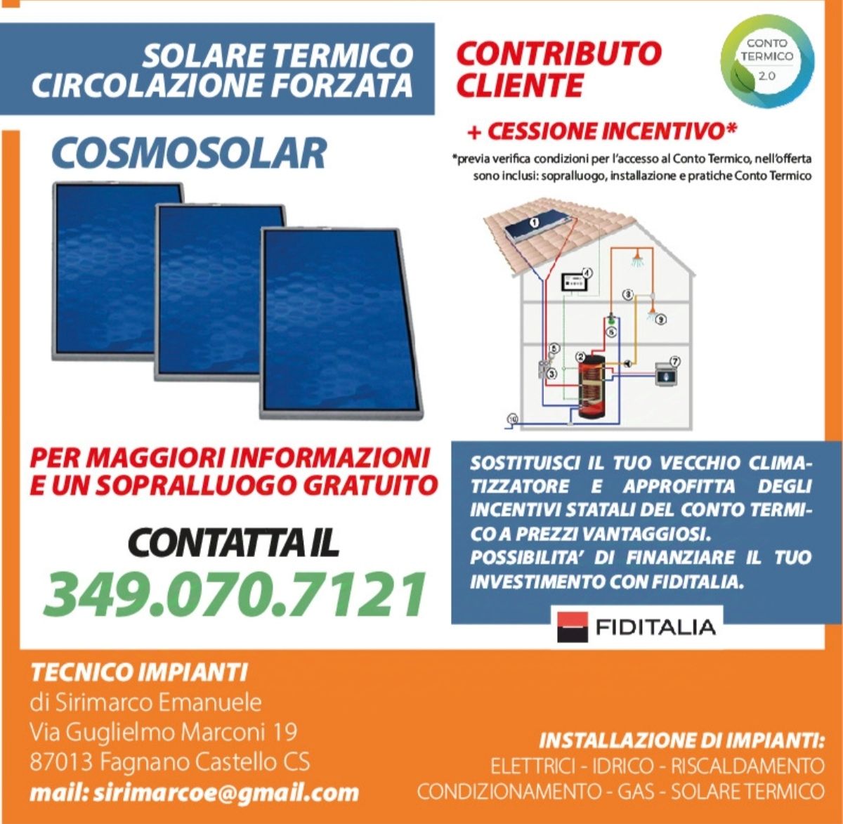 Volantino promozionale per i sistemi di riscaldamento solare Cosmosolar, con pannelli solari blu, numero di telefono e testo in italiano sugli incentivi.