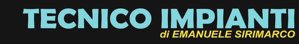 Logo con la scritta &ldquo;TECNICO IMPIANTI&rdquo; in blu e bianco e testo giallo pi&ugrave; piccolo sottostante.