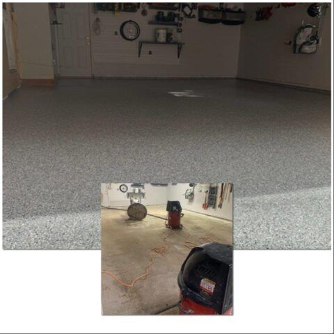 Empty gray-floored garage with a small inset showing a floor grinder and vacuum on a concrete floor
