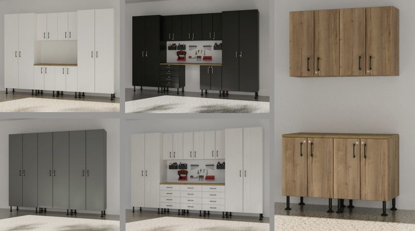 Collage of six cabinetry designs in white, black, gray, and wood finishes with varied cabinet styles.