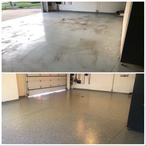 Before-and-after garage floor: dull stained concrete above, clean gray speckled epoxy below
