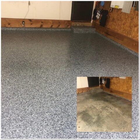 Speckled gray garage floor coating before-and-after comparison, with unfinished concrete inset.