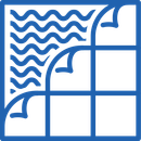 Blue abstract icon with waves and stepped grid lines on a white background