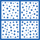 Blue geometric shapes arranged in four square panels on a white background