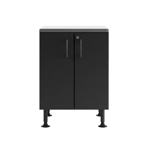 Black two-door cabinet on four legs with a light top, isolated on a white background